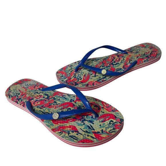 Lilly Pulitzer Size 7 Logo Blue Pink Tropical Flip Flop Sandal Summer Vacation - Picture 1 of 8